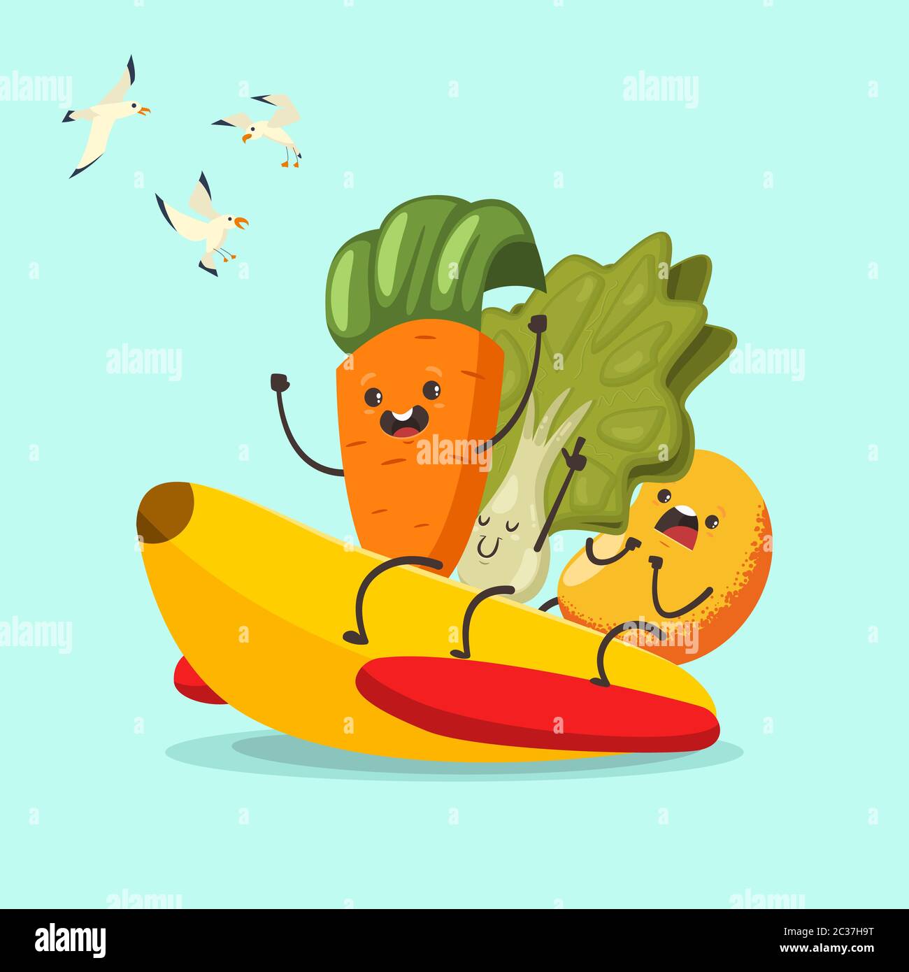 Carotte, laitue et mangue drôles sur un bateau en caoutchouc à la banane. Personnage de dessin animé vectoriel de fruits et légumes mignons d'activités aquatiques d'été. Illustration Illustration de Vecteur