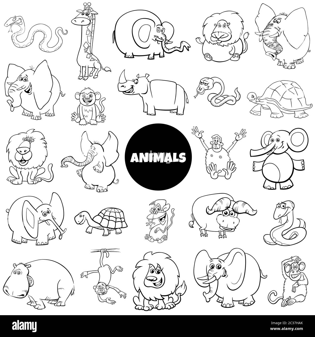 Page de livre de couleurs grand ensemble de personnages d'animaux africains Banque D'Images