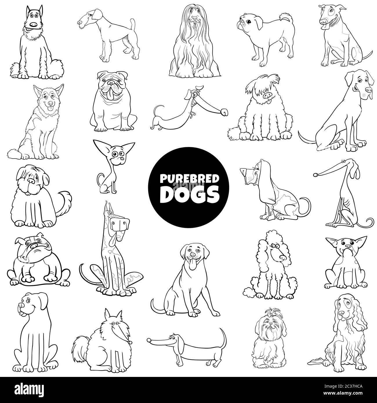 page de livre couleur de dessin animé à chiens de race Banque D'Images
