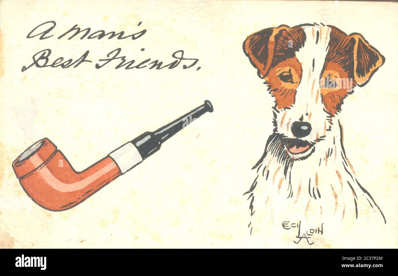 Carte postale photo couleur main par Cecil Aldin intitulée A Man's Best Friends postally Used 1920 Banque D'Images