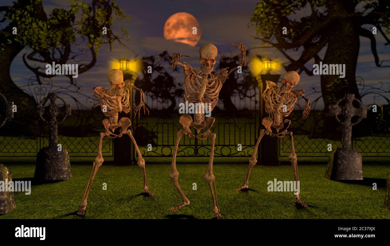 Attaquer des squelettes la nuit dans le cimetière. Rendu 3D du concept Halloween. Banque D'Images