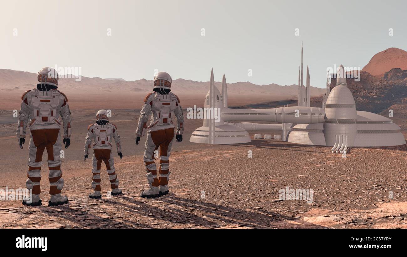 Les colons de famille immigrants à Mars, un homme, une femme et un enfant admirent le paysage martien, la ville et le vaisseau spatial. Mission d'exploration sur mars. F Banque D'Images