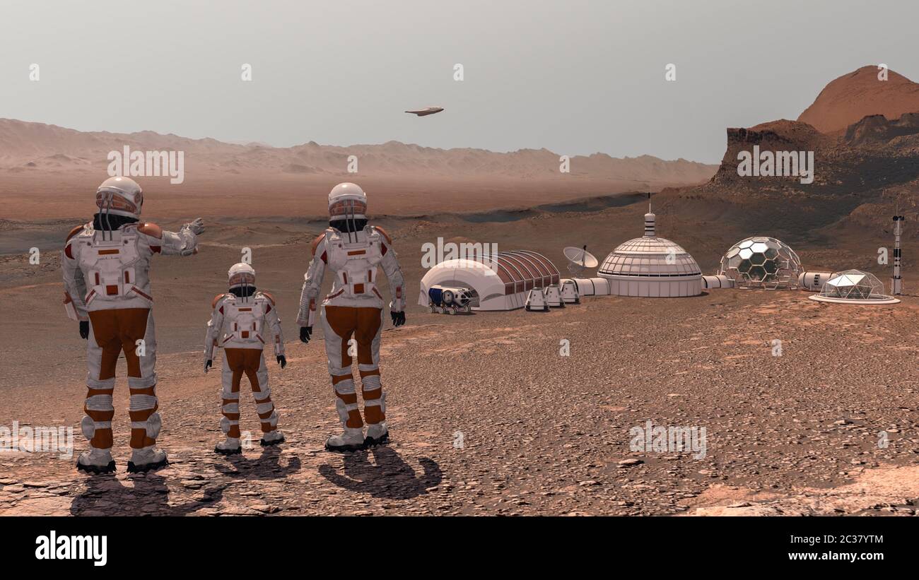 Les colons de famille immigrants à Mars, un homme, une femme et un enfant admirent le paysage martien, la ville et le vaisseau spatial. Mission d'exploration sur mars. F Banque D'Images