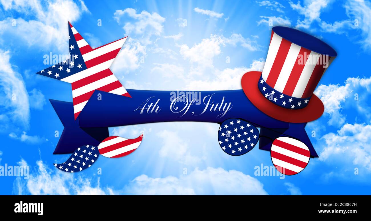 Professionnels 4e de juillet. Lunettes et Moustache Conception du drapeau américain avec chapeau de l'Oncle Sam et ruban bannière sur fond de ciel 3D illustration Banque D'Images