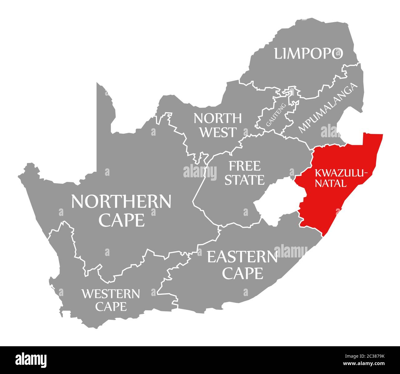 Kwazulu-natal red mis en évidence dans la carte de l'Afrique du Sud Banque D'Images