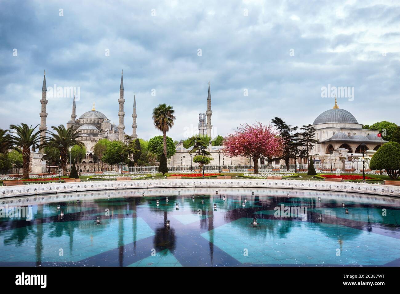 La mosquée Aya Sofia pour les arbres sous ciel nuageux. Istanbul, Turquie. Banque D'Images