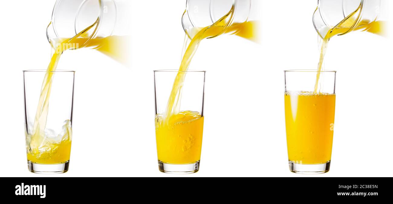 Le jus d'Orange dans une boîte de verre isolé sur fond blanc. Collage. Banque D'Images