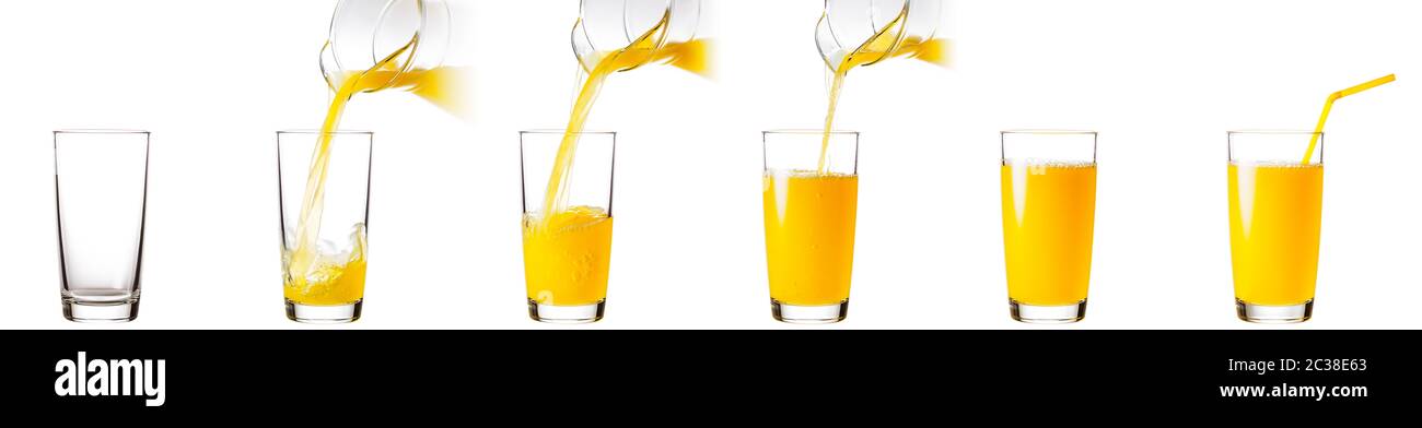 Processus de coulée de jus d'orange dans un verre isolé sur fond blanc Banque D'Images