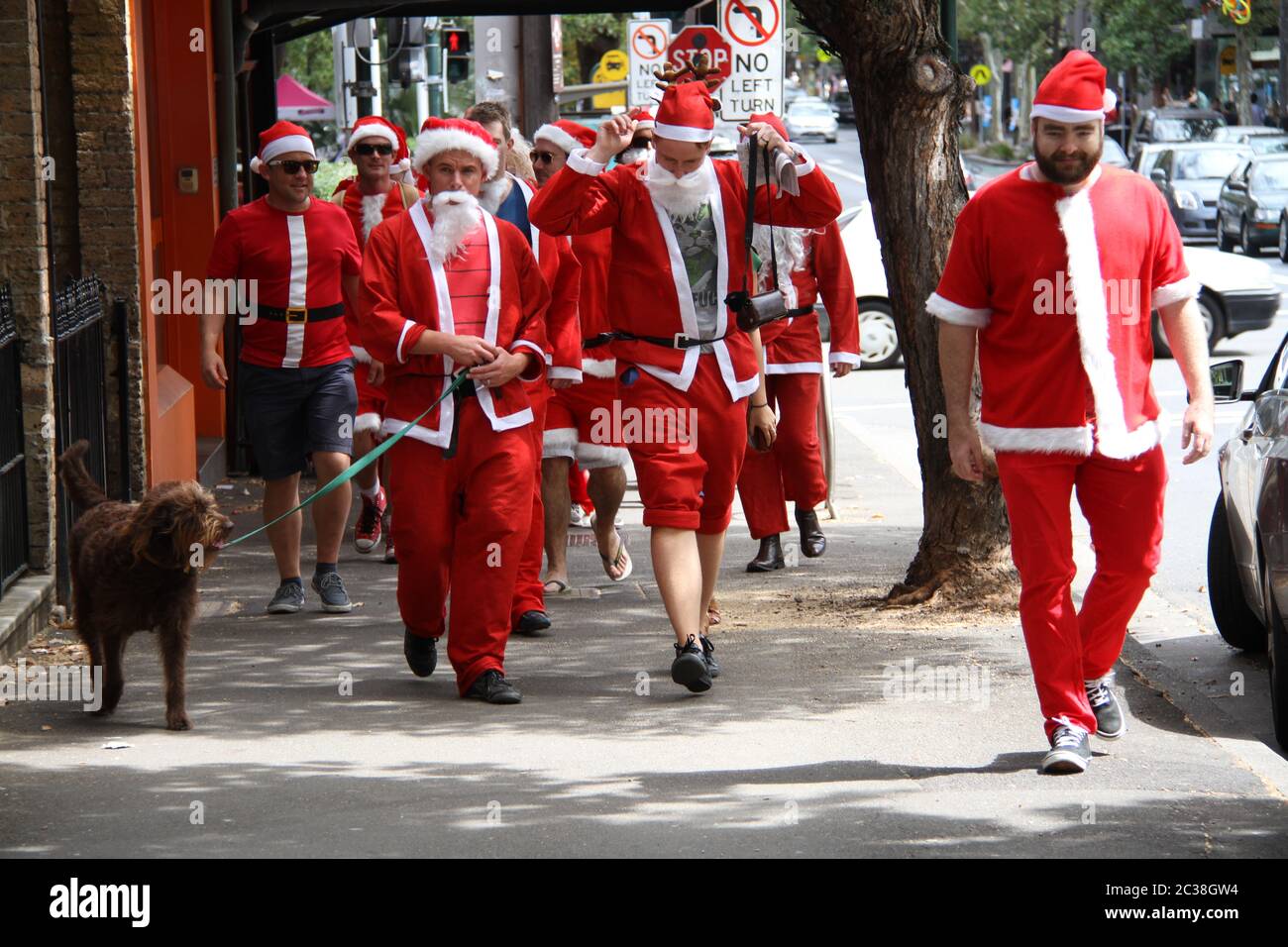 Les personnes vêtues du Père Noël prenant part au SantaCon de Sydney marchent sur Crown Street vers le pub Dolphin. Banque D'Images