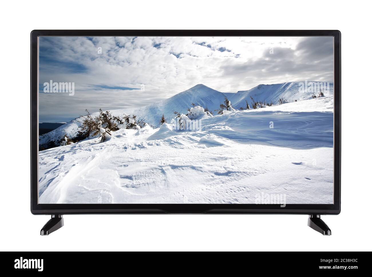 Téléviseur à écran plat haute résolution et paysage d'hiver. Isolé sur blanc. Banque D'Images