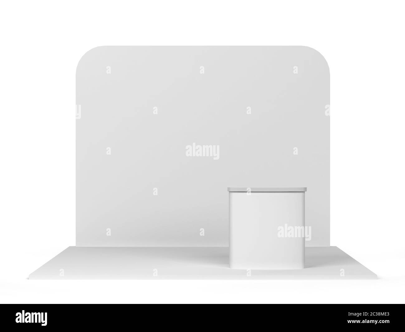 Stand de salon simple avec comptoir. illustration tridimensionnelle isolée sur fond blanc Banque D'Images