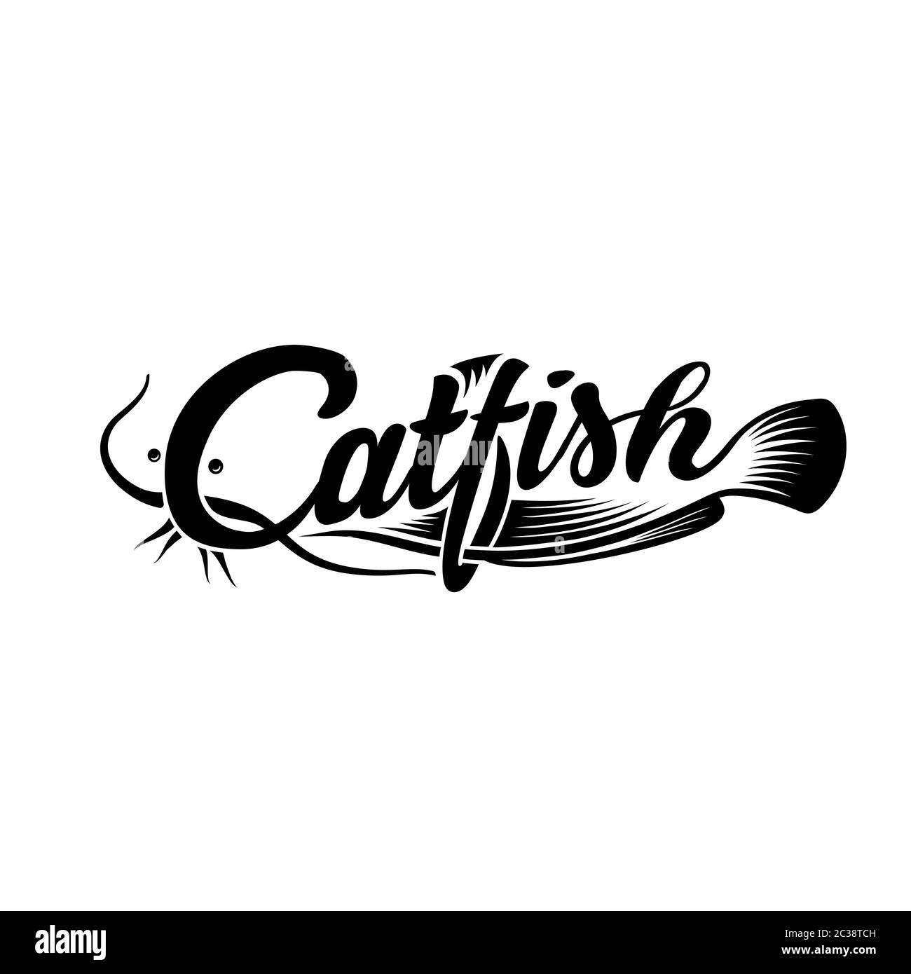 Logo poisson chat. Lettres noires et blanches. Inscription décorative. Vecteur et illustration de poisson-chat. Illustration de Vecteur