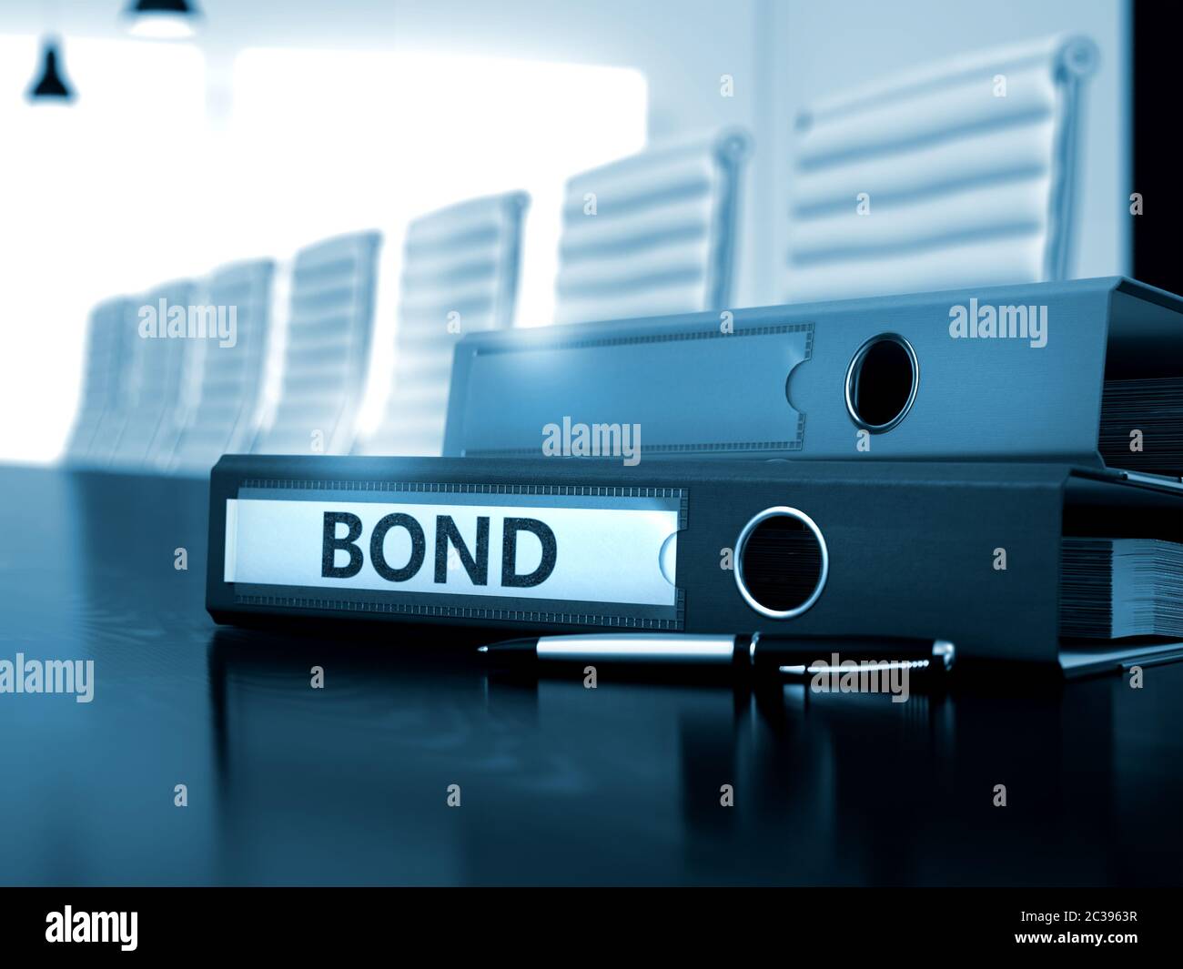 Bond - dossier de fichiers sur le bureau de travail en bois. Bond - concept d'entreprise sur fond flou. Rendu 3D. Banque D'Images