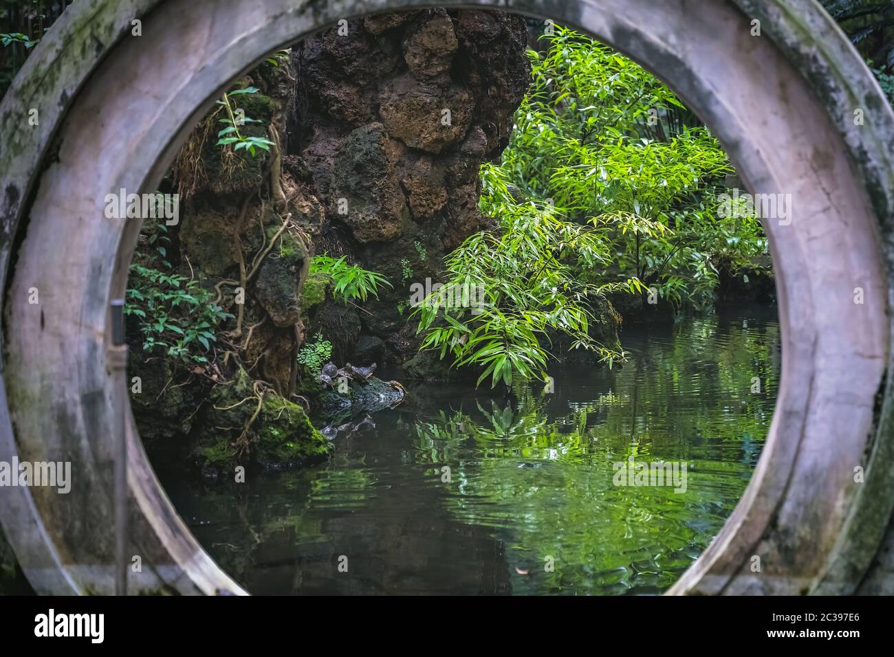 Vue sur un jardin chinois traditionnel Banque D'Images