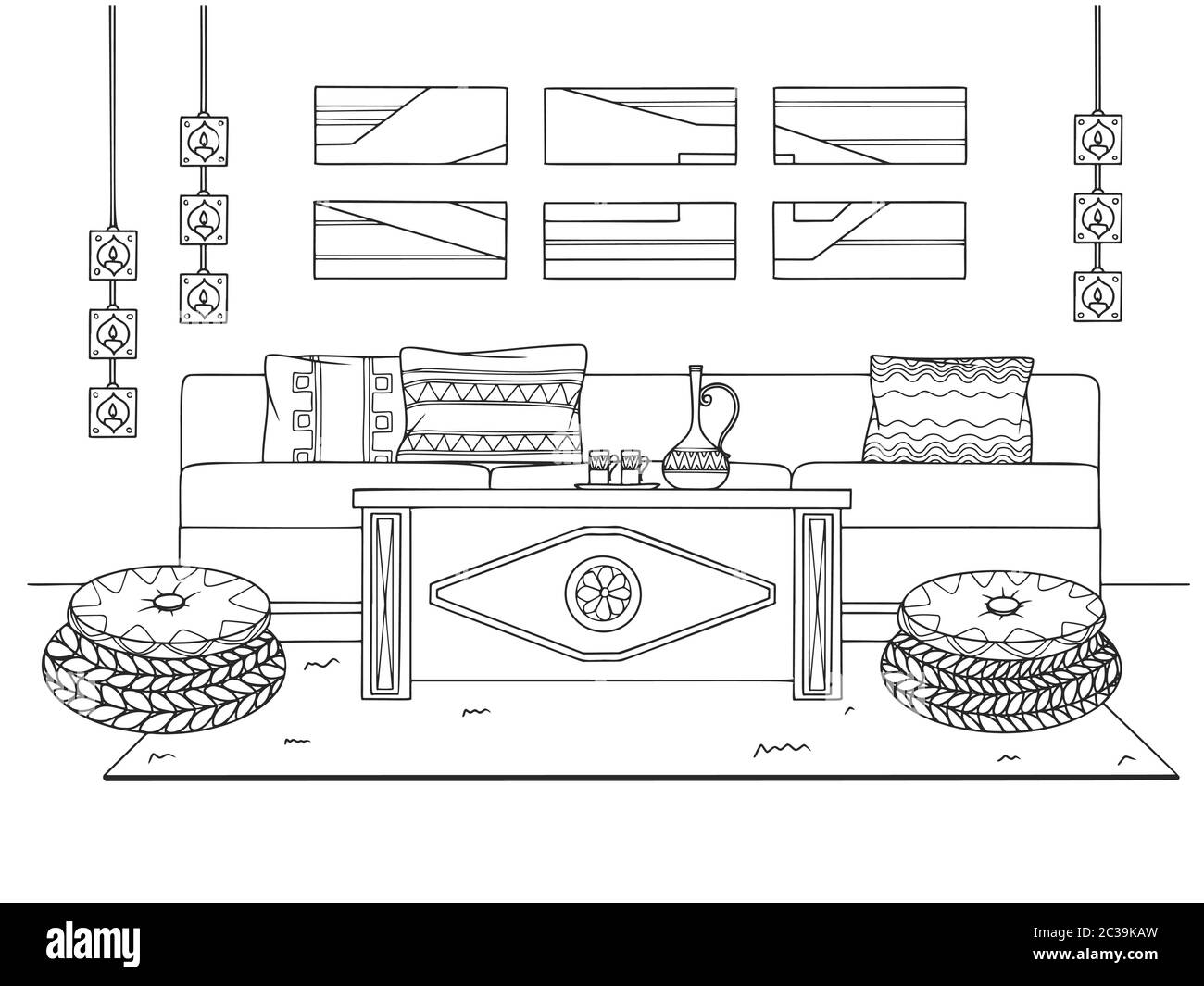 Esquissez un salon confortable dans le style boho. Canapé, table et divers éléments de décoration. Illustration vectorielle dans le style d'esquisse. Illustration de Vecteur