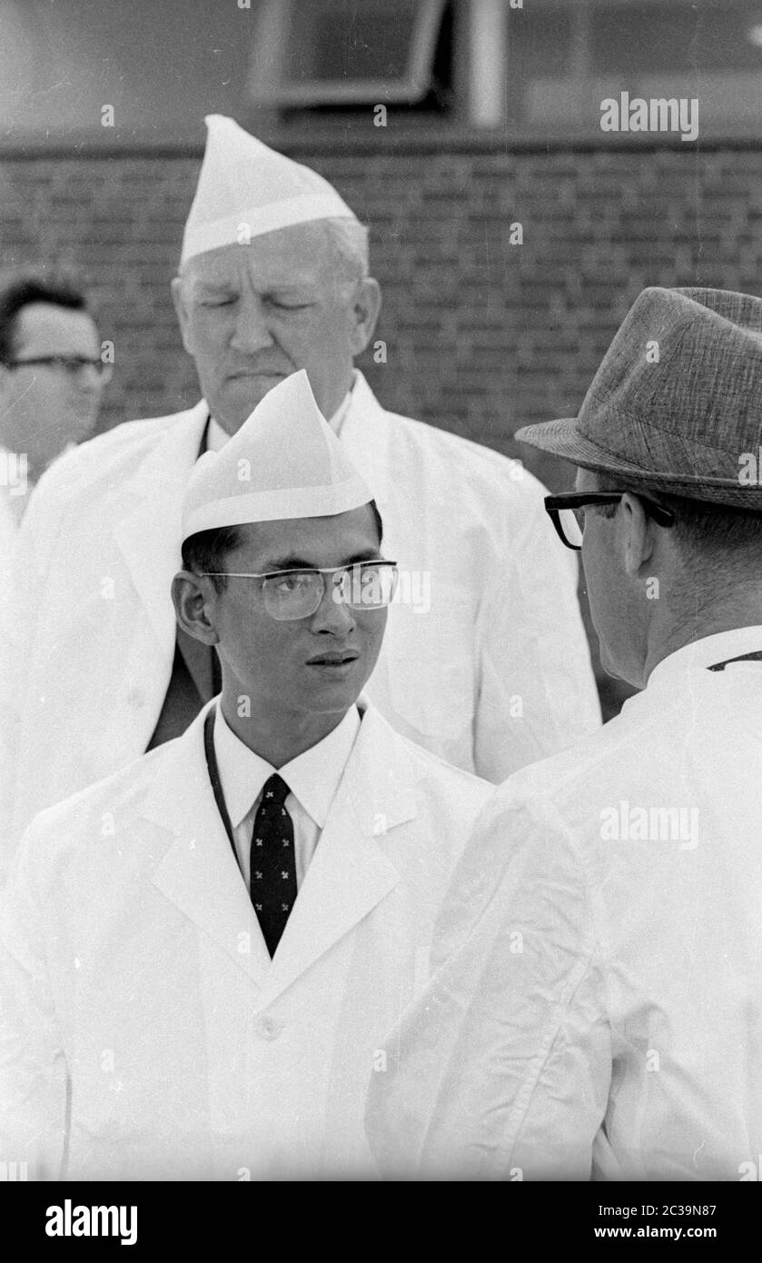 Le couple royal Bhumibol Adulyadej Rama IX et sa femme Sirikit visitent une usine de poissons à Brême lors de leur voyage en Allemagne. Banque D'Images