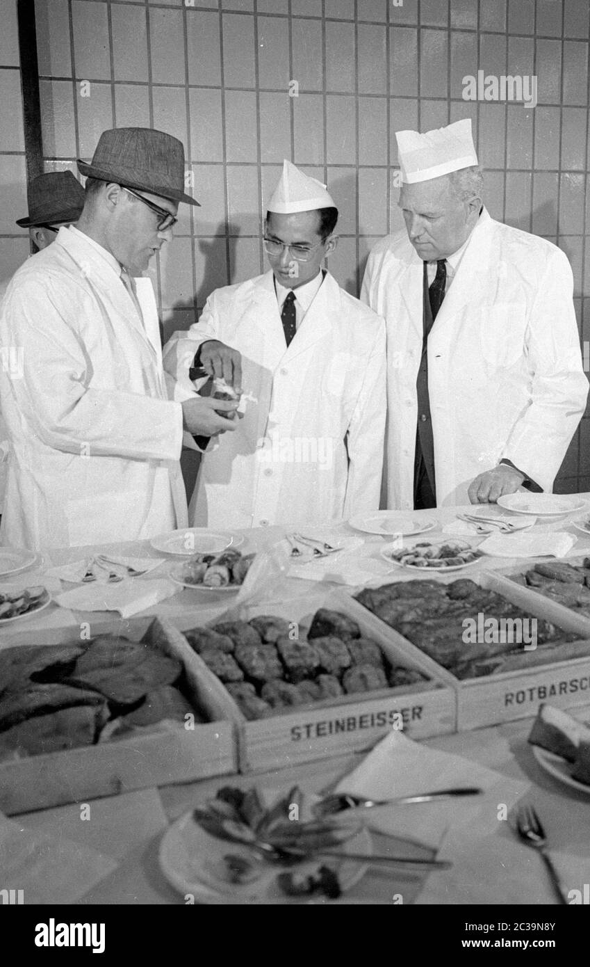 Le couple royal Bhumibol Adulyadej Rama IX et sa femme Sirikit visitent une usine de poissons à Brême lors de leur voyage en Allemagne. Banque D'Images