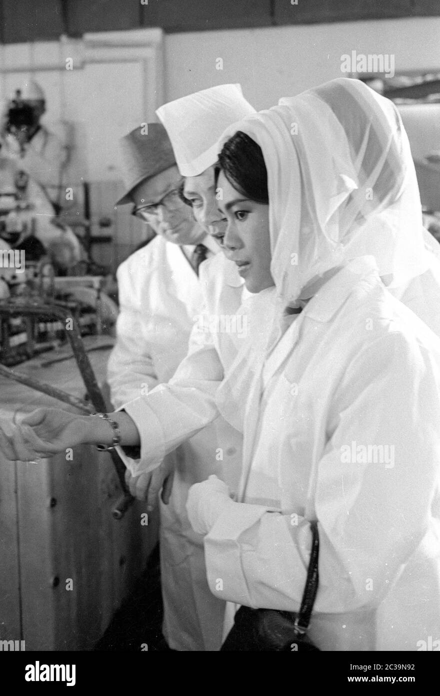 Le couple royal Bhumibol Adulyadej Rama IX et sa femme Sirikit visitent une usine de poissons à Brême lors de leur voyage en Allemagne. Banque D'Images