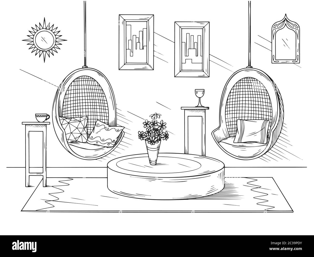 Esquissez un salon confortable dans le style boho. Chaises suspendues et divers éléments décoratifs. Illustration vectorielle dans le style d'esquisse. Illustration de Vecteur