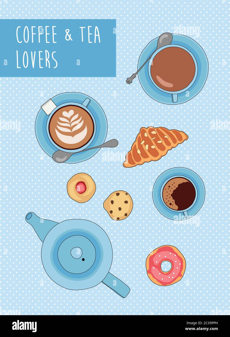 Illustration vectorielle avec tasses à thé et café, biscuits et pâtisseries Illustration de Vecteur