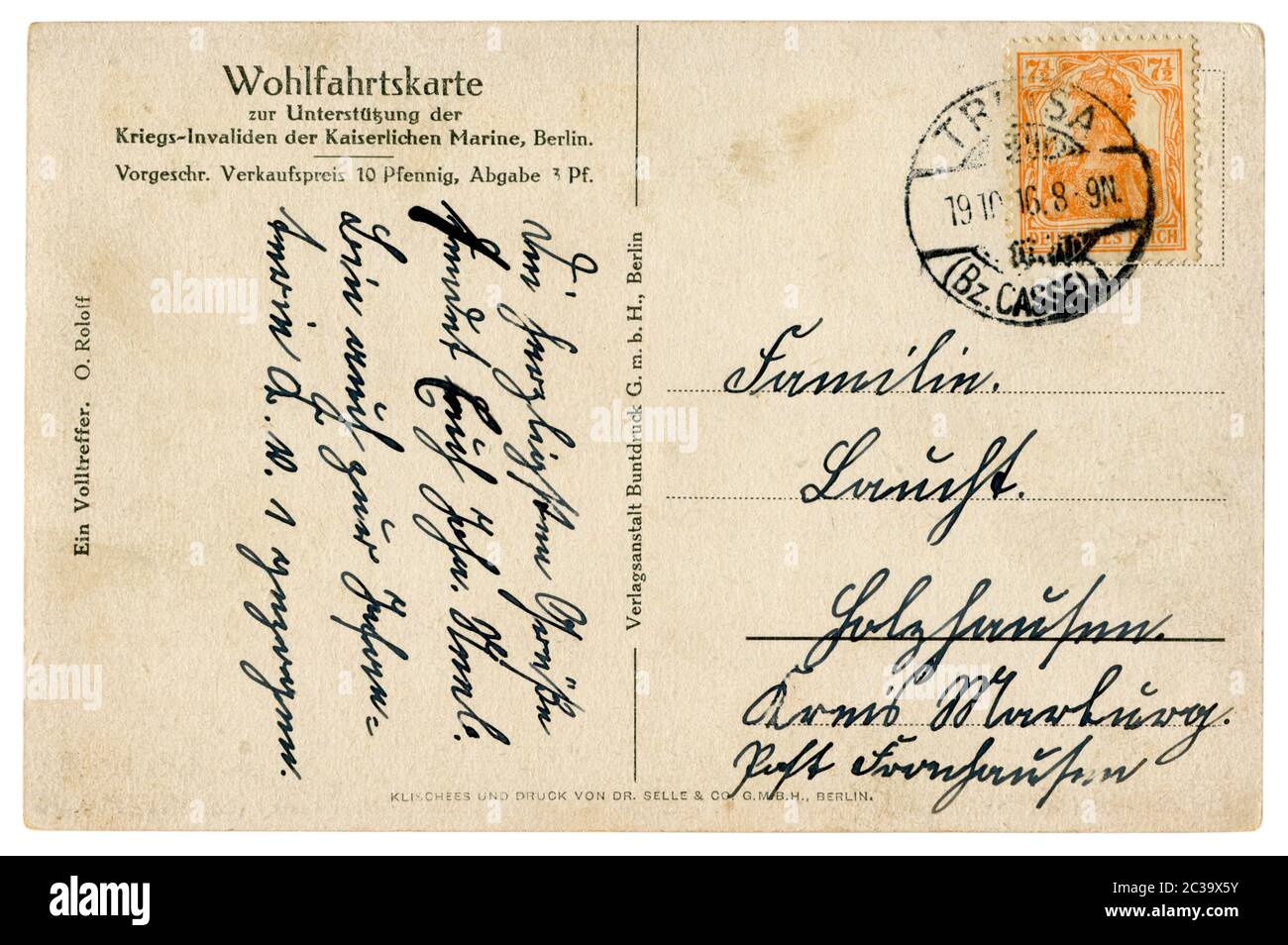 Le verso d'une carte postale historique allemande: Texte manuscrit à l'encre, 7 et demi pfenings Valkyrie timbre-poste avec annulation, 1916 Banque D'Images