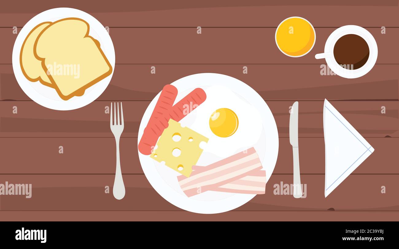 Vecteur isolé Illustration d'un petit déjeuner avec du pain, du café, du jus, de l'oeuf, du bacon, des saucisses, du fromage, des assiettes, des cutryº Illustration de Vecteur