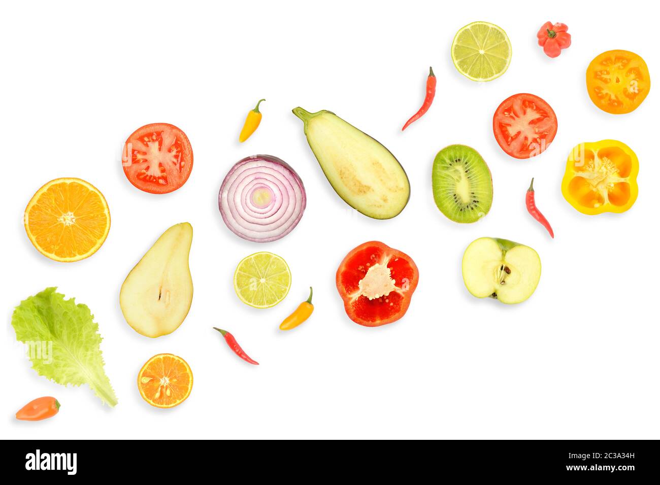 Bannière de légumes et de fruits frais et sains isolés sur fond blanc. Banque D'Images