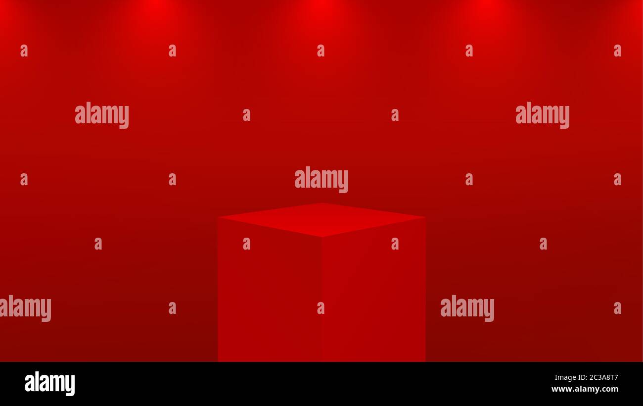 Podium rouge 3d réaliste pour l'affichage des produits. Socle ou plate-forme carré dans un éclairage studio sur fond rouge. Illustration de Vecteur