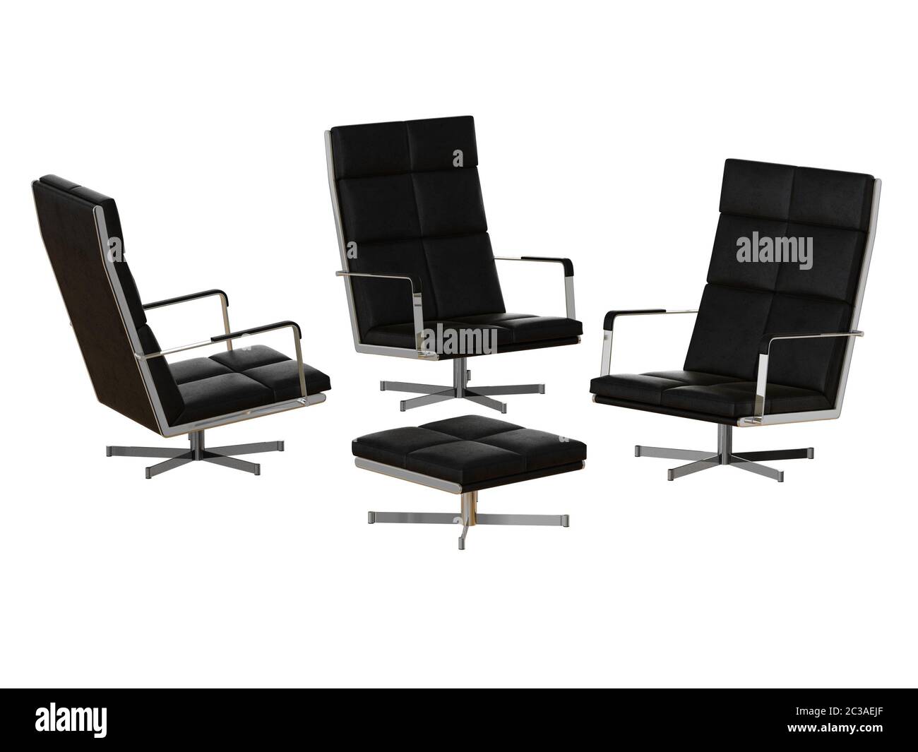 Trois chaises de bureau noires et un rendu en trois dimensions Banque D'Images