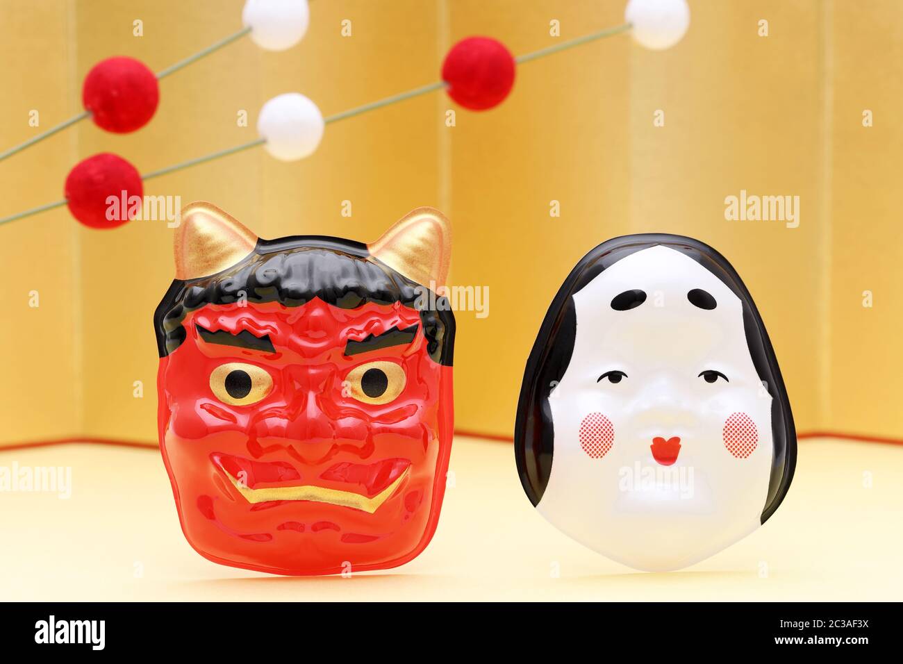 Setsubun traditionnelle japonaise, l'événement de masques démon et okame sont utilisés sur un événement annuel Banque D'Images