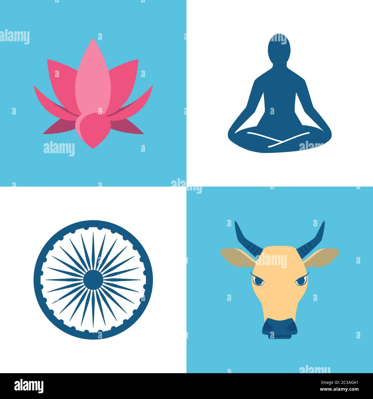 Icônes de la culture indienne dans un style plat. Fleur de Lotus, yoga, roue Ashoka Chakra et symboles vache. Illustration vectorielle. Illustration de Vecteur