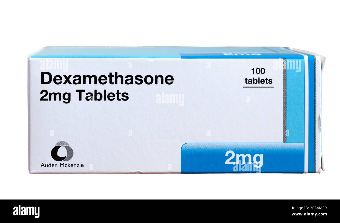 Photo d'une boîte de comprimés de Dexamethasone 2mg. Un traitement anti-inflammatoire stéroïdien, maintenant utilisé pour les patients atteints de Covid-10 gravement malades Banque D'Images