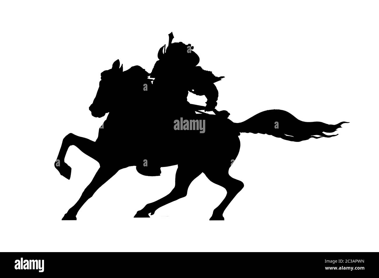 Silhouette graphique isolée de cheval de course samouraï Warrior Banque D'Images