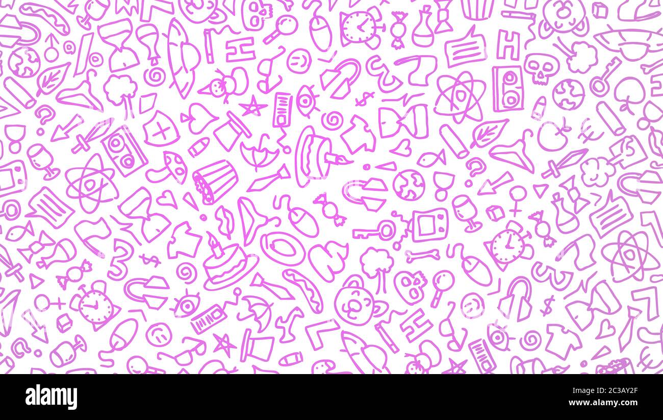 Motif de dessin animé rose à la main, motif de dessin hippie sans couture. Dessin détaillé, avec beaucoup d'objets d'arrière-plan vectoriel. Noir sur fond blanc. 2d illu Banque D'Images