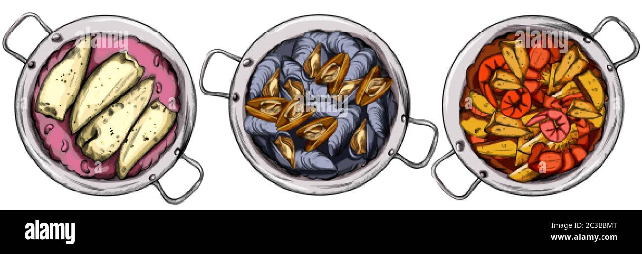 Ensemble de casseroles avec plats de haricots et de poisson, moules et soupe de fruits de mer. Cuisine espagnole. Vecteur de dessin au trait Illustration de Vecteur