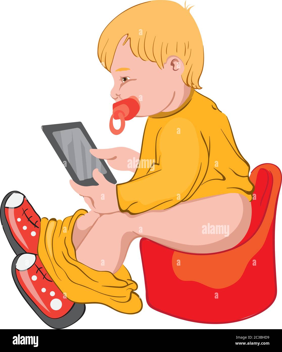 Tout-petit jouant sur une tablette en s'asseyant sur un pot. Vêtements colorés. Vecteur Illustration de Vecteur