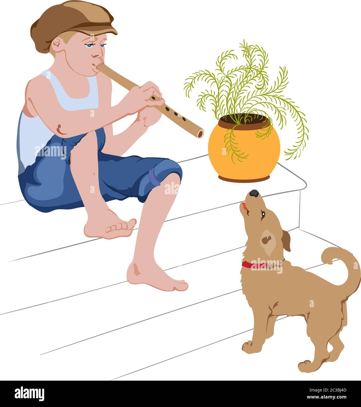 Jeune garçon assis dans les escaliers et chantant sur le tuyau avec son chien. Vecteur Illustration de Vecteur