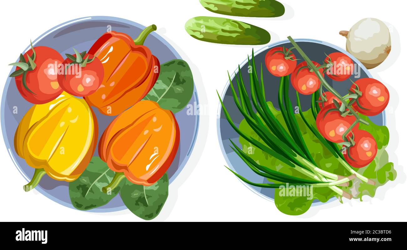 Composition de légumes sains sur la table. Tomates, concombres, oignons, laitue, poivrons et épinards. Vue de dessus vecteur Illustration de Vecteur