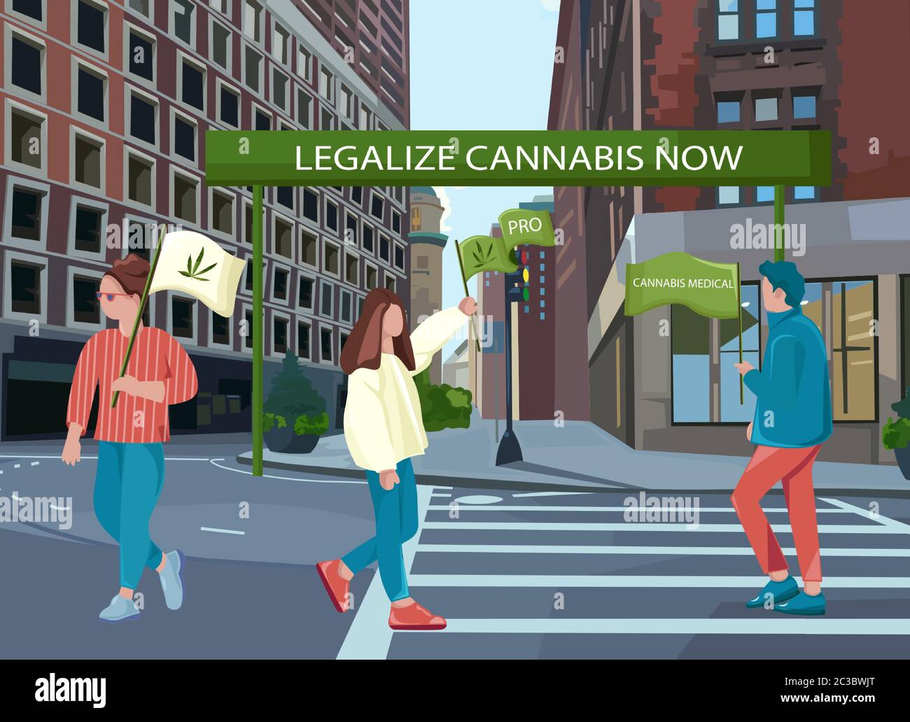 Les gens protestant pour avoir légalisé le cannabis dans la rue. Conservation des drapeaux verts. Vecteur Illustration de Vecteur
