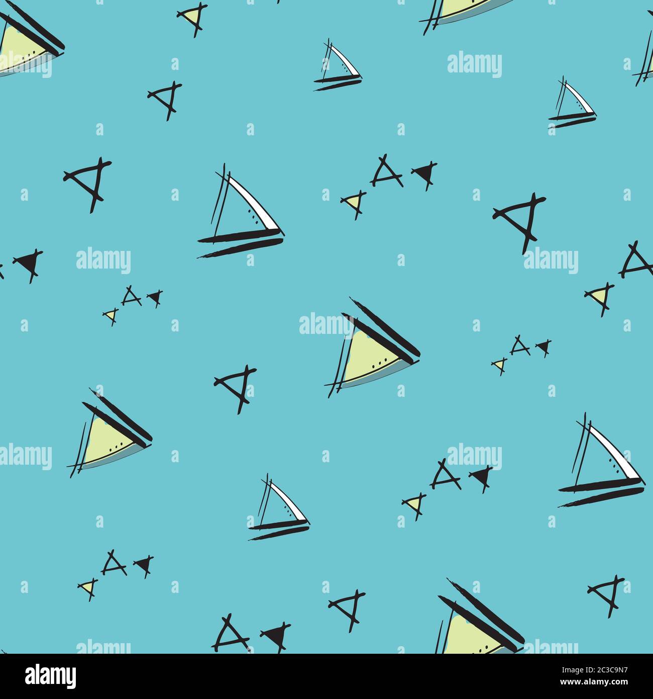Triangles sur fond bleu dessin vectoriel à la main motif sans couture avec des dessins à l'encre. Conception de surface Illustration de Vecteur