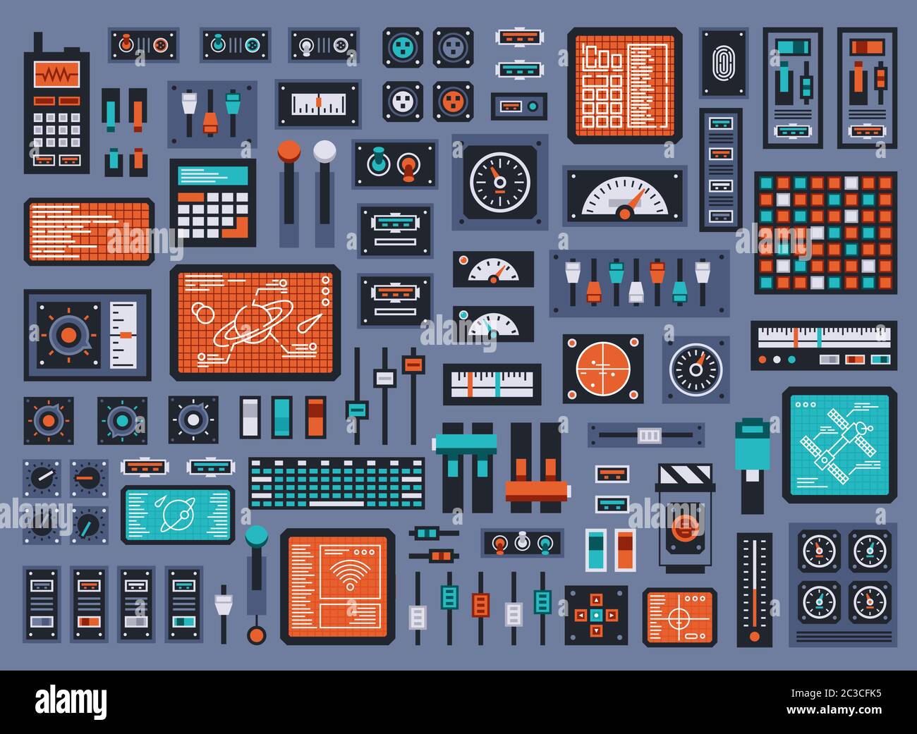Jeu d'éléments de panneau de commande pour engins spatiaux ou techniques industriels station Illustration de Vecteur