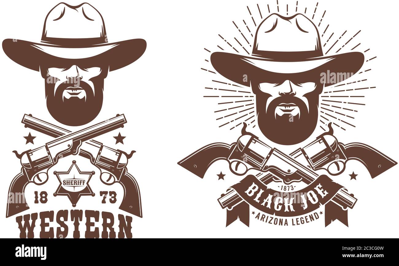 Chapeau de cowboy barbu avec logo rétro des armes croisées Illustration de Vecteur