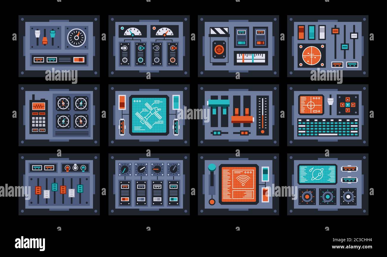 Jeu de panneaux de commande. Appareils de la salle de contrôle Illustration de Vecteur