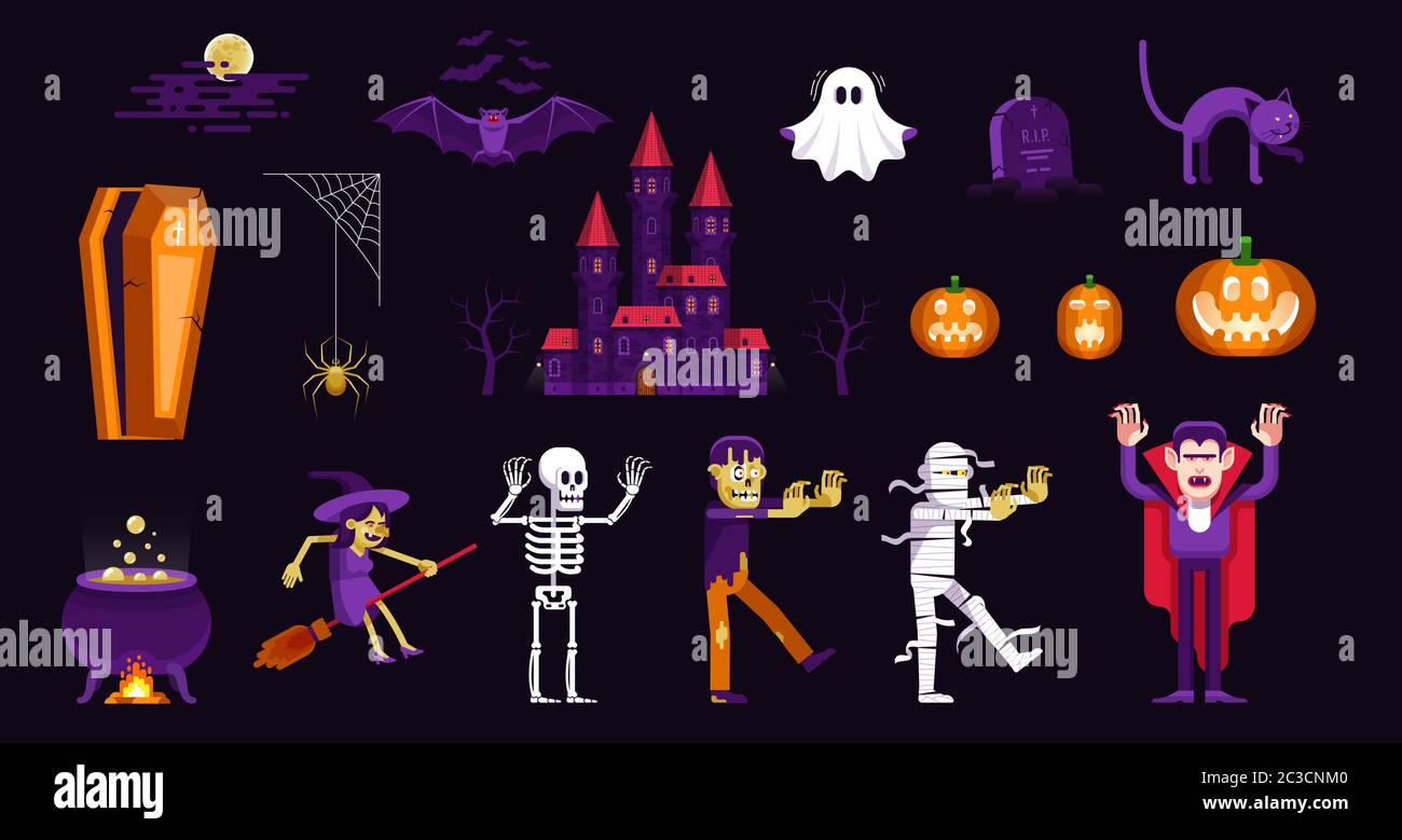 Personnages et icônes d'Halloween en style de dessin animé Illustration de Vecteur