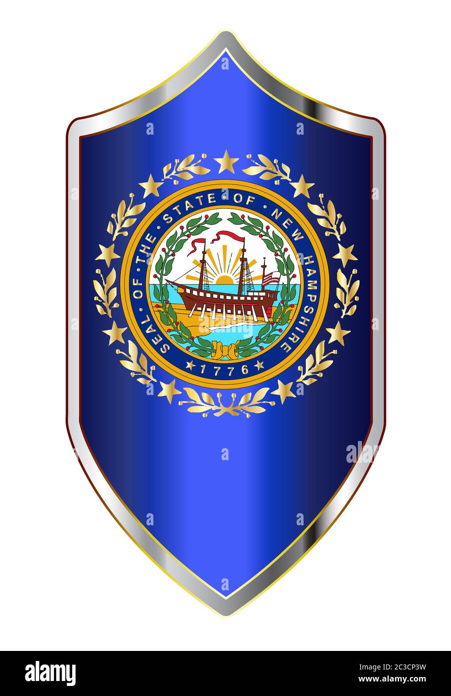 Un bouclier de type croisé avec le drapeau de l'état du New Hampshire tous isolé sur fond blanc Banque D'Images