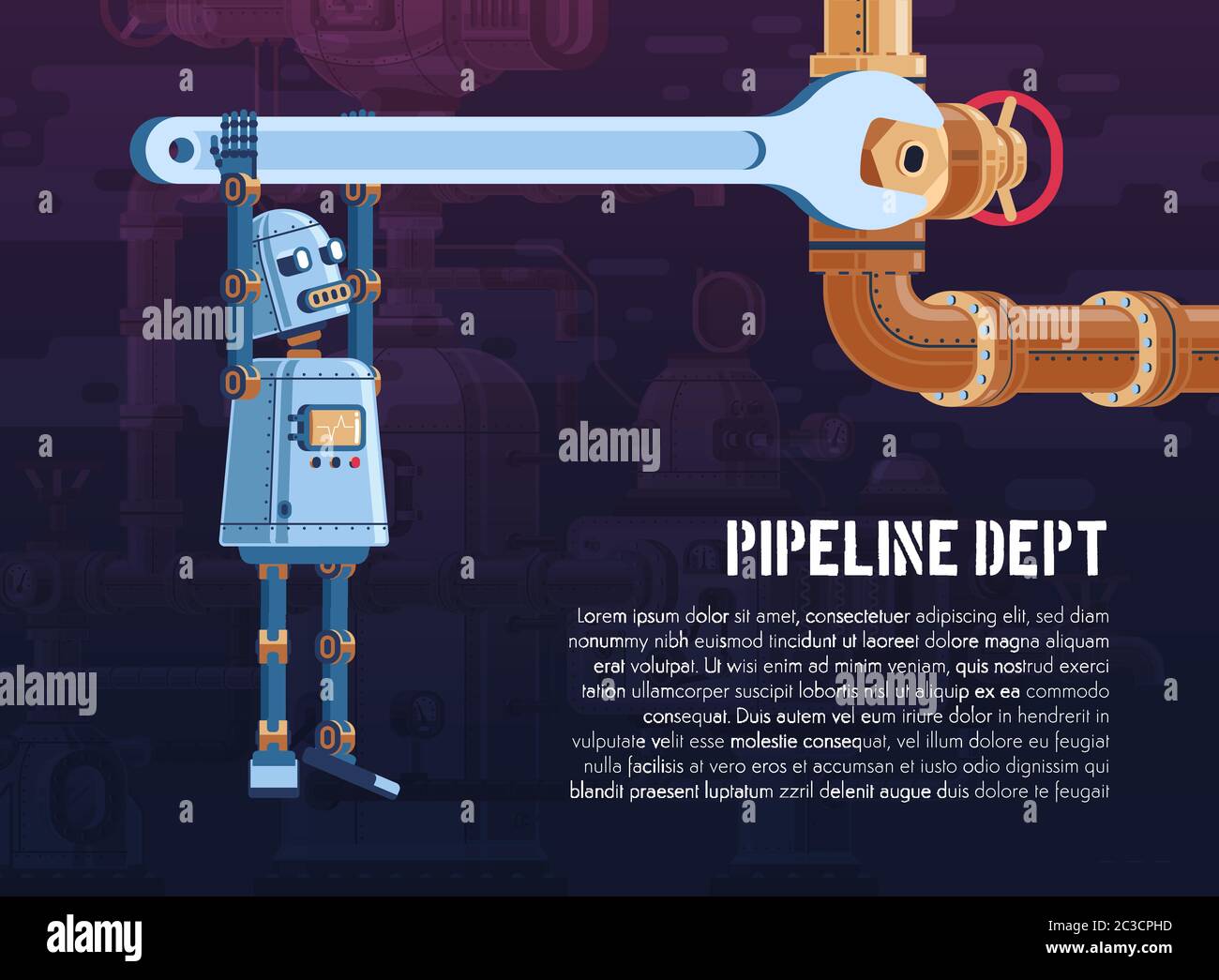 le robot fait tourner la vanne sur la conduite à l'aide d'une clé Illustration de Vecteur