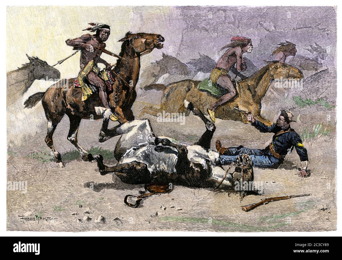CAVALRYMAN AMÉRICAIN, bataille de Little Bighorn, 1876. Une coupe de bois de couleur main d'une illustration de Frederic Remington Banque D'Images CAVALRYMAN AMÉRICAIN, bataille de Little Bighorn, 1876. Une coupe de bois de couleur main d'une illustration de Frederic Remington Banque D'Images