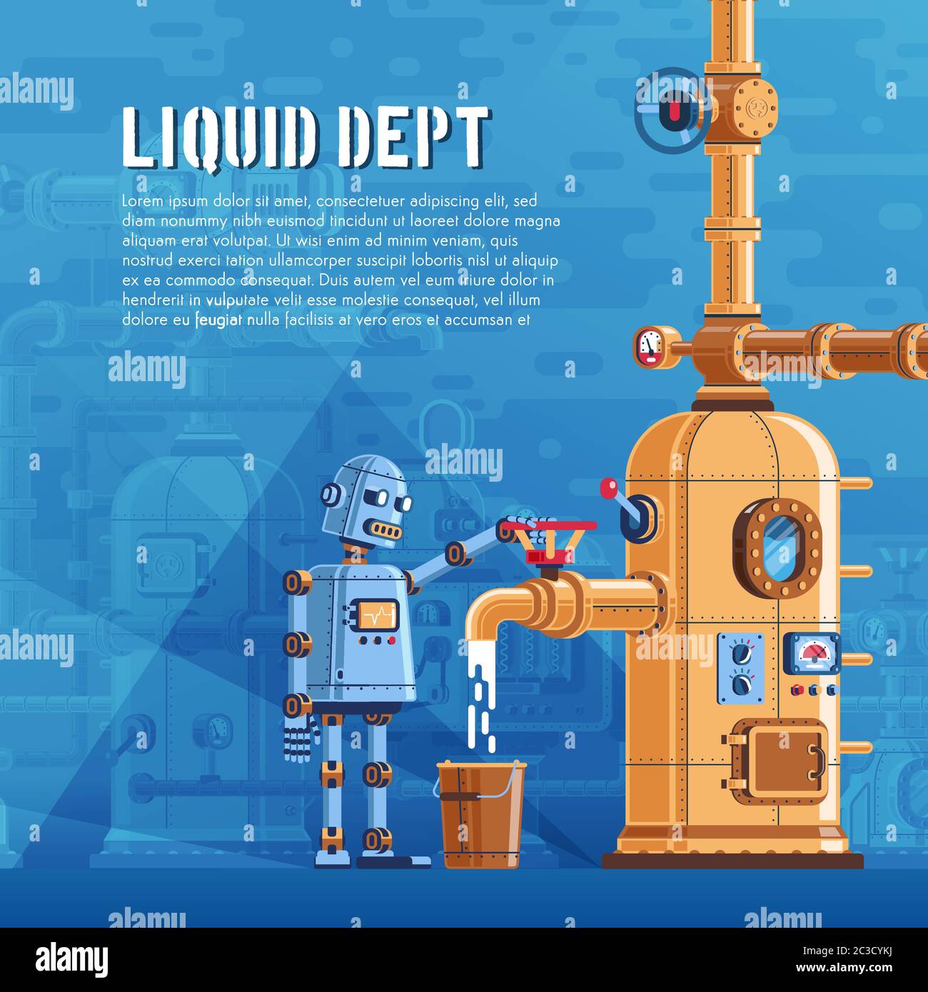 Le robot verse du liquide dans un réservoir Illustration de Vecteur