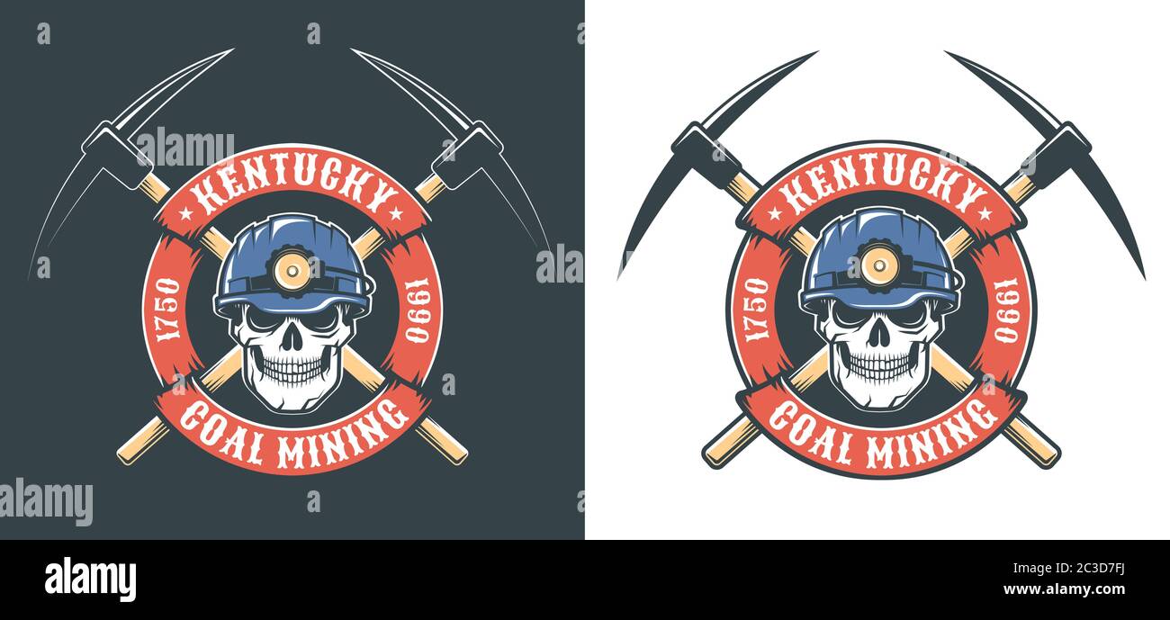 Crâne de mineur en casque et en croix - rétro exploitation minière logo Illustration de Vecteur