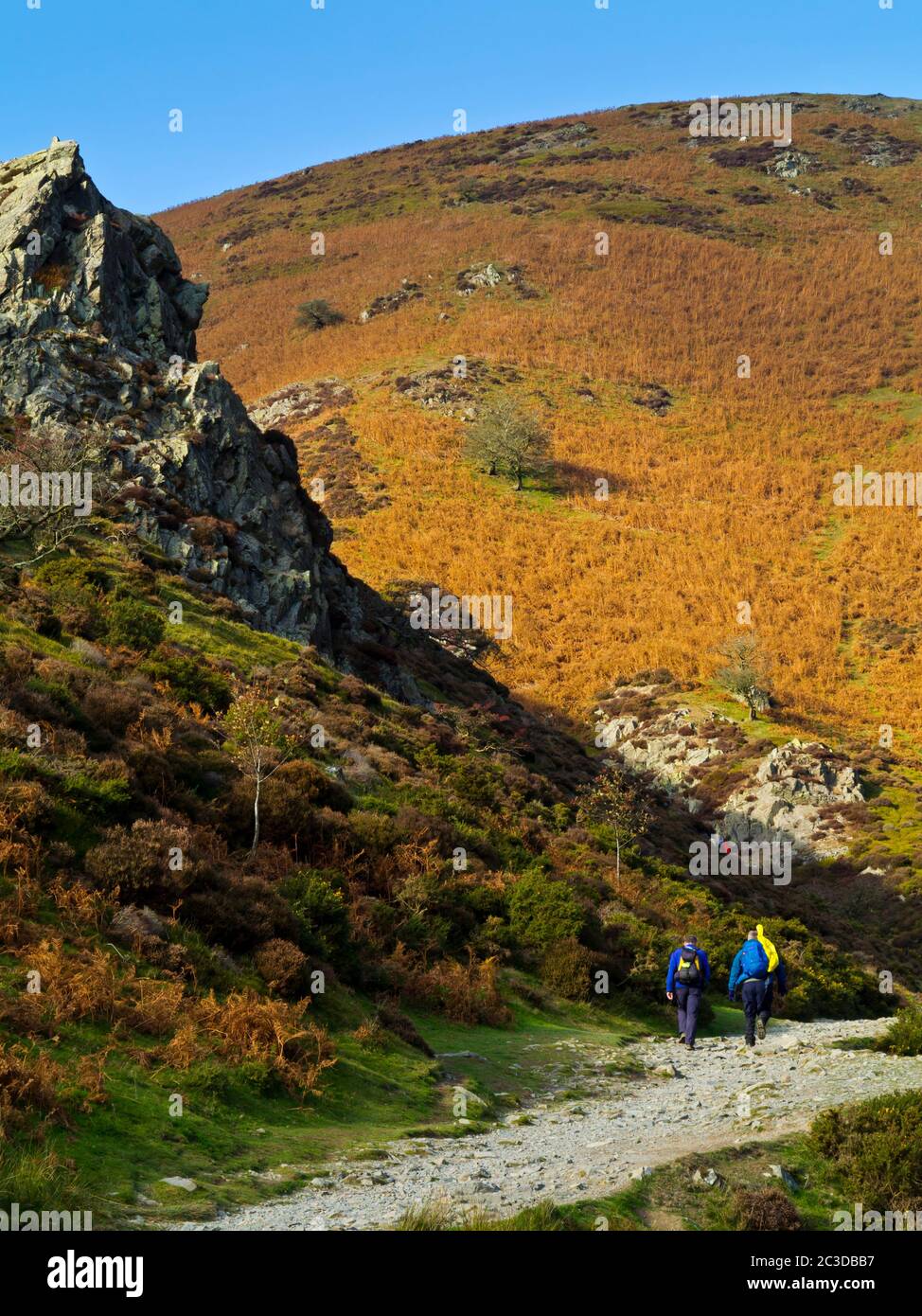 Randonneurs dans la vallée de Carding Mill une destination populaire dans la région de Shropshire Hills d'une beauté naturelle exceptionnelle Angleterre Royaume-Uni. Banque D'Images